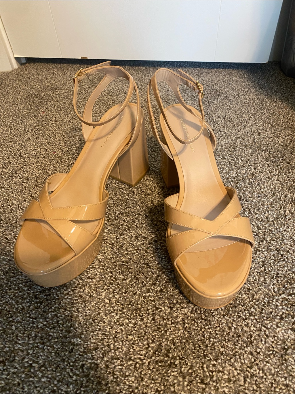 Stuart Weitzman Nude Patent Platform Block Heel Sandals
